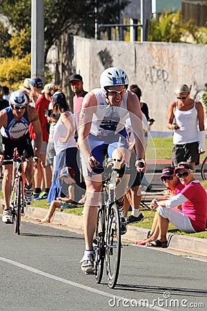 MOOLOOLABA, AUSTRALIA - SEPTEMBER 14 : Unidentified participants in cycle leg of sunshine coast triathlon on September 14, 2014 in