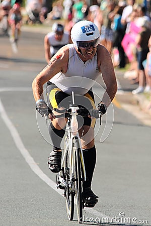 MOOLOOLABA, AUSTRALIA - SEPTEMBER 14 : Unidentified participants in cycle leg of sunshine coast triathlon on September 14, 2014 in