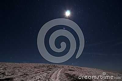 Moon over snowy path