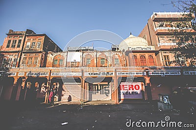 Morning sunrise with shop in the city at Jaipur, Pink city, Rajasthan, India