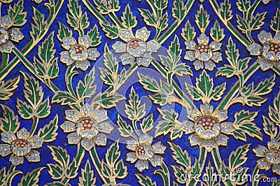 Mosaic of blue, white, green and gold, flower pattens. bangkok, thailand.