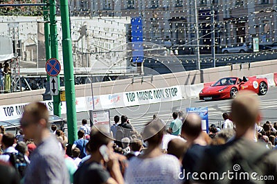 Moscow City Racing Red racing car Ferrari high speed The bridge July