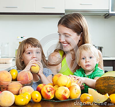 Mother and children with melon