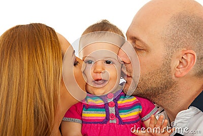 Mother and father kissing baby