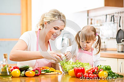 Mother teaching kid daughter to cook