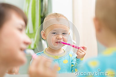 Mother teaching kid teeth brushing