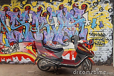 Motor cycle and art graffiti wall at 798 street,beijing