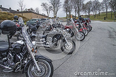 Motorbike meeting at fredriksten fortress, bikes lined up