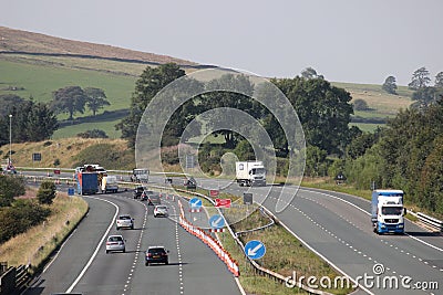 Motorway traffic with lane closed for road works