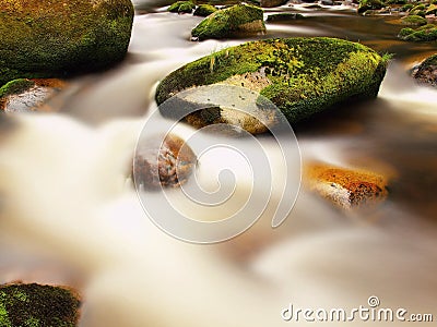 Mountain river in motion over big mossy boulders. Mountain river with dark cold water, autumn weather
