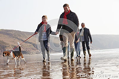 Multi Generation Family Walking On Winter Beach With Dog