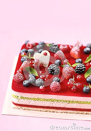 Multi-layered Berry and Pistachio Mousse Cake