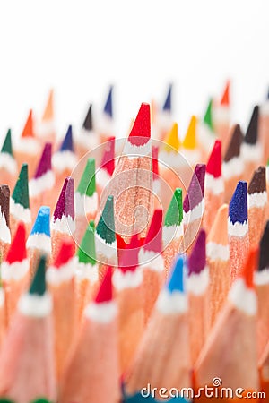 Multicolored pencils placed in group on white background