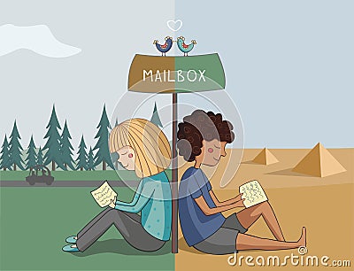 Multicultural girl and boy read mail