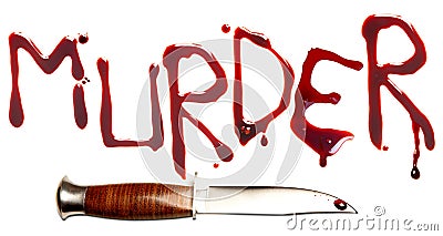 Bloody letters and sharp dagger as a symbol of murder and crime.