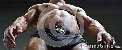 Muscular torso and pecs of male bodybuilder shot from below