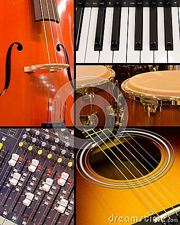 Music collage with instruments and sound board