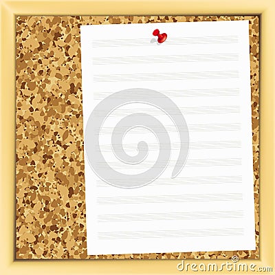 Music note paper on cork board.