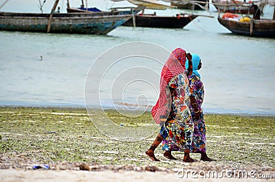 Muslim women walking at the beach, Zanzibar