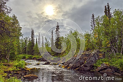 Mystical landscape on the river Polisarke. Kola Peninsula.