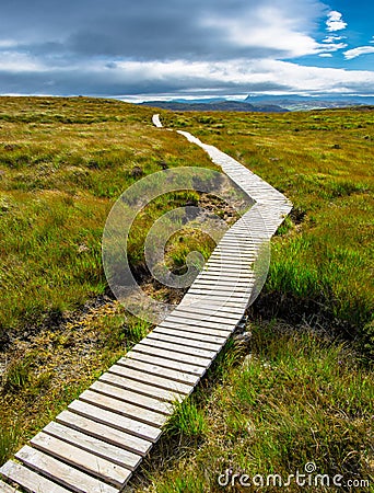 Narrow path up a hill toward the cloudy sky