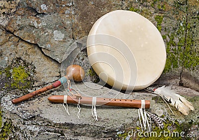 Native American Drum with Flute and Shaker..