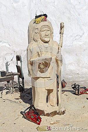 Native American Indian Chief Wood Carving in Process