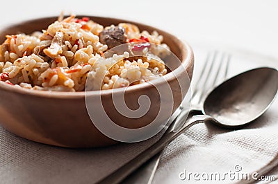 Natural food: rice with meat and vegetables