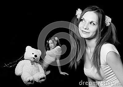 Naughty young woman with the big toy a polar bear