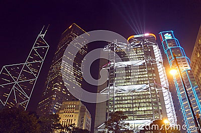 Neon skyscrapers by night at Hong Kong