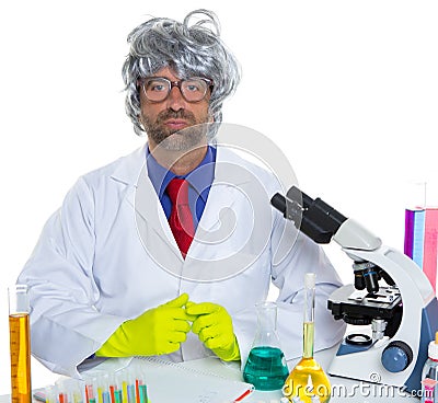 Nerd crazy scientist man portrait working at laboratory