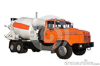 The new building lorry of red color with a concrete mixer