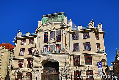 New Town Hall – City of Prague at the Mariánské square, the architecture of the old houses, Old Town, Prague, Czech Republic