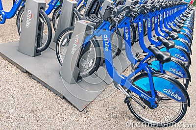 NEW YORK CITY: blue CitiBikes lined up in Manhattan