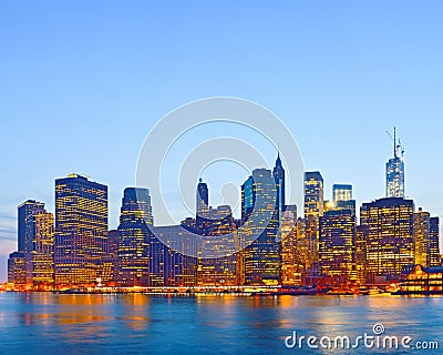 New York City USA, lights on the buildings in lower Manhattan