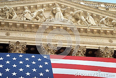 New York Stock Exchange exterior with American flag