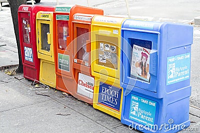 NEW YORK, US - NOVEMBER 23: Newspaper vending machines in Chelse