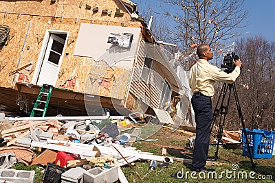 News reporter covering tornado aftermath