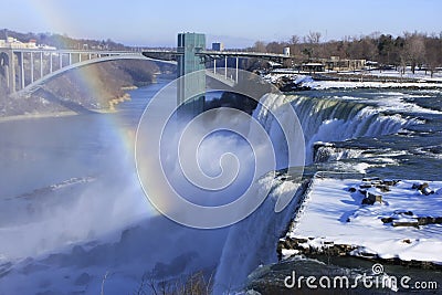 Niagara Falls and Rainbow Bridge in winter, New York, USA