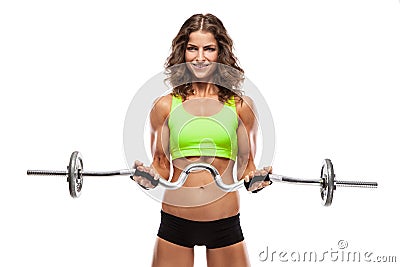 Nice sexy woman doing workout with big dumbbell (retouched)