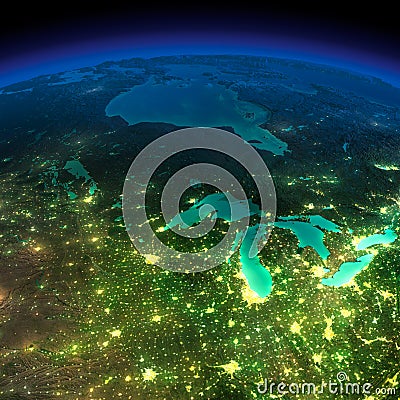 Night Earth. A piece of America - the northern U.S. states and C