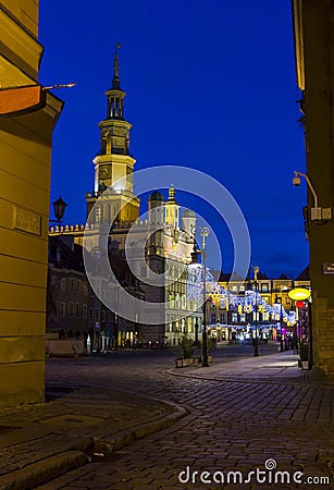 Night photo of an old town square and city hall in Poznan, Polan