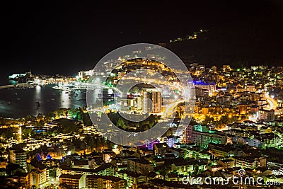 Night scene panorama of city at sea in Montenegro