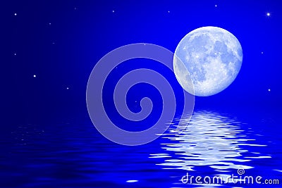 Night sky with moon and stars reflected in the water surface