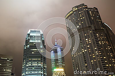Night skyline of Hong Kong from street level