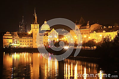 The night View on bright Prague Old Town above the River Vltava