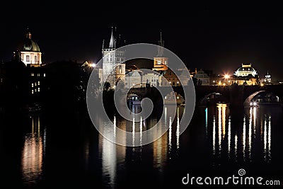 The night View on bright Prague Old Town above the River Vltava