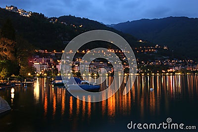 Night view of Lake Geneva and the Alps