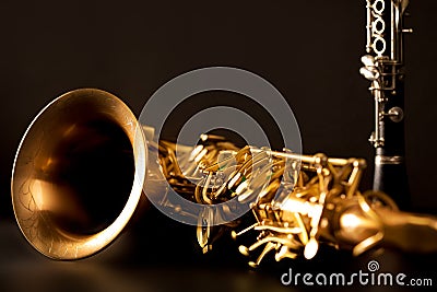 经典音乐萨克斯管进程萨克斯管和单簧管在黑色