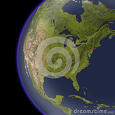 North America from space, shaded relief map.